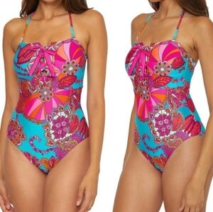 Trina Turk Women's Multi Meilani Lace Up Bandeau One Piece Swimsuit Size 14